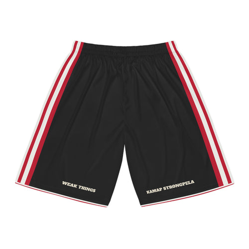 Papua New Guinea Port Moresby Mission Basketball Shorts, back view with WEAK THINGS and KAMAP STRONGPELA on the legs