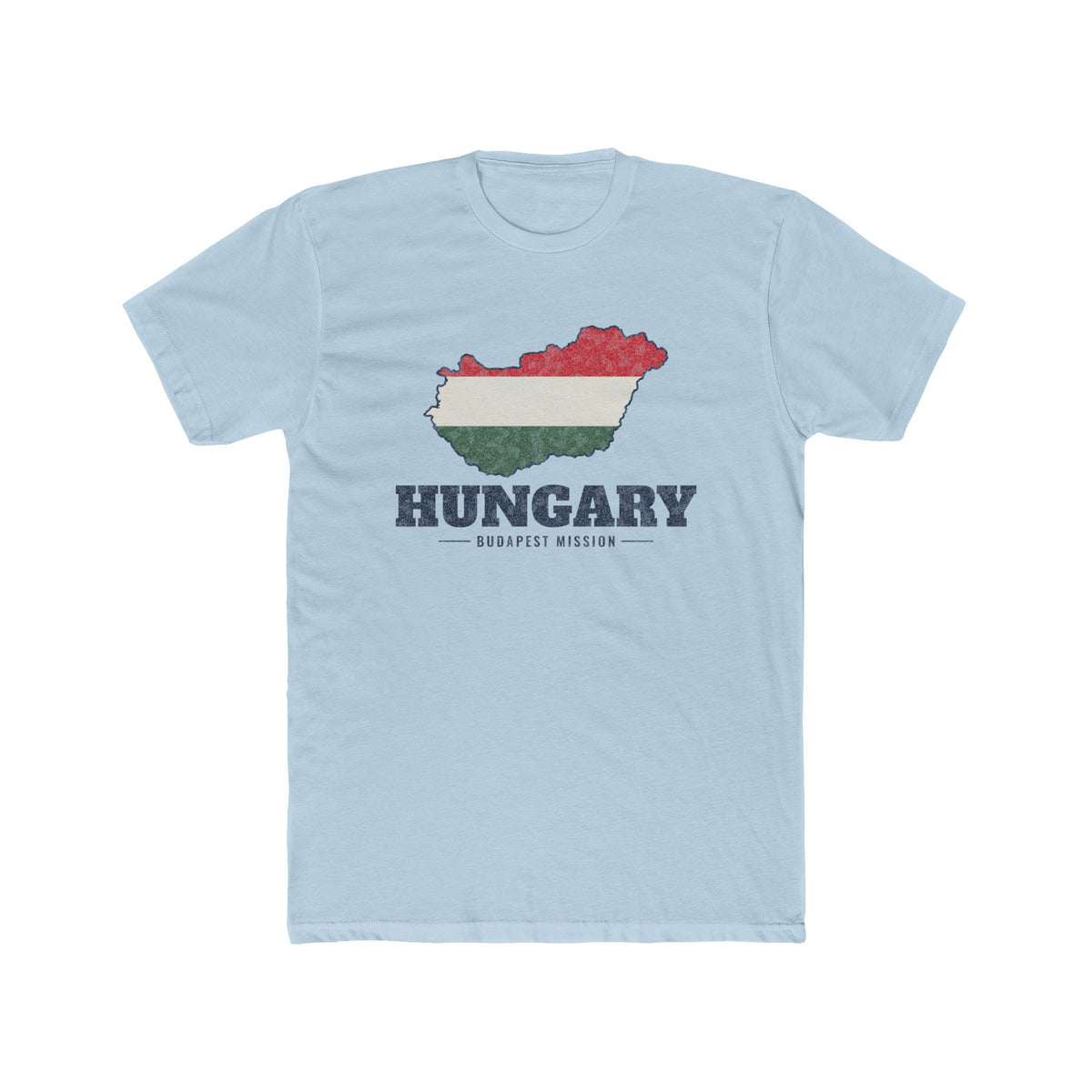 Hungary Budapest Mission Flag Map shirt in Desert Pink: flag of Hungary in the outline of Hungary with navy lettering, front view