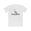 California Fresno Mission Flag Map shirt in White: California state flag in the outline of California with navy lettering, front view