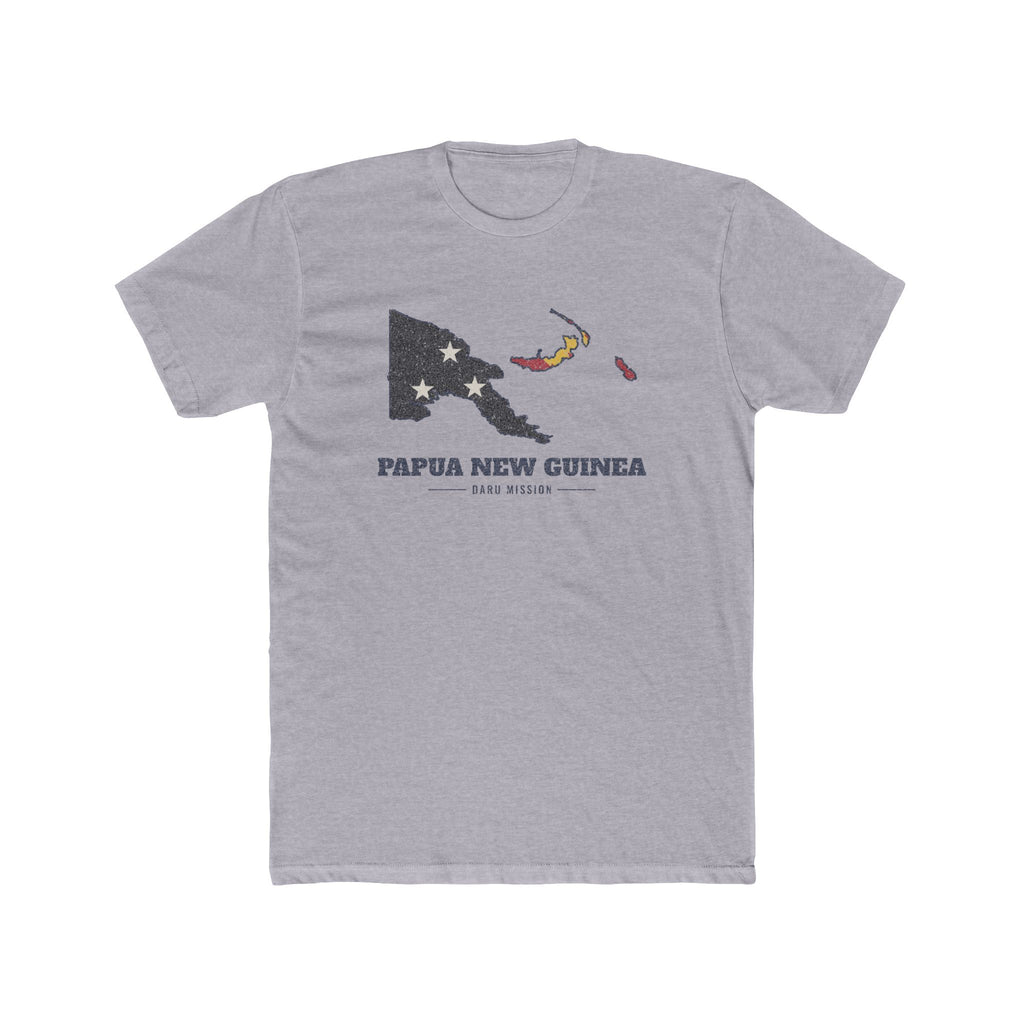 Papua New Guinea Daru Mission Flag Map shirt in Heather Grey: flag of Papua New Guinea in the outline of Papua New Guinea with navy lettering, front view