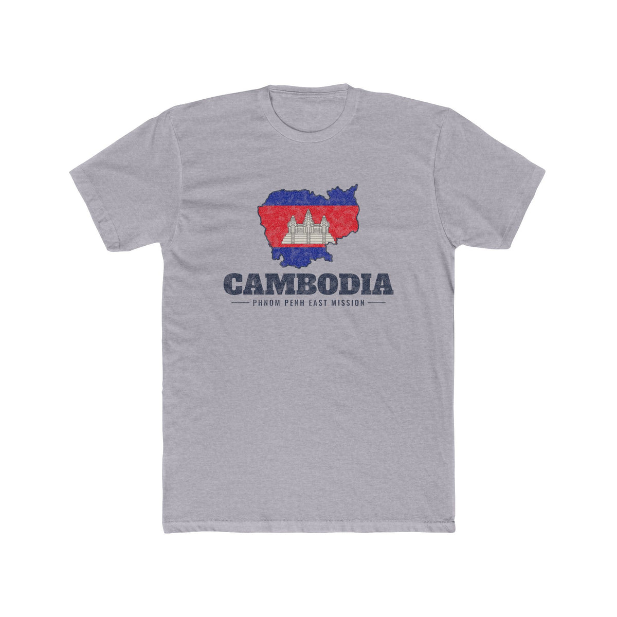 Cambodia Phnom Penh East Mission Flag Map shirt in Heather Grey: flag of Cambodia in the outline of Cambodia with navy lettering, front view