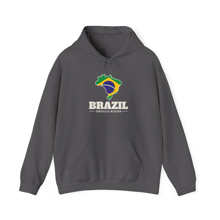 Brazil Fortaleza Mission Flag Map Hoodie in Charcoal, front view with the Brazil flag map and mission name