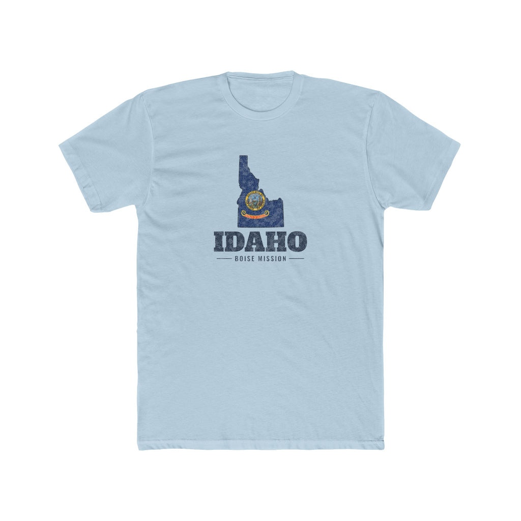 Idaho Boise Mission Flag Map shirt in Desert Pink: Idaho state flag in the outline of Idaho with navy lettering, front view