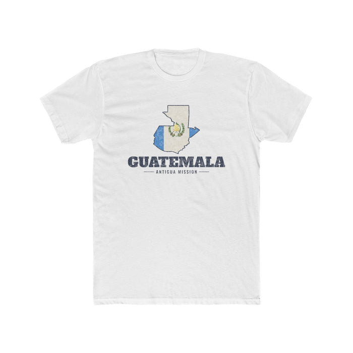 Guatemala Antigua Mission Flag Map shirt in White: flag of Guatemala in the outline of Guatemala with navy lettering, front view