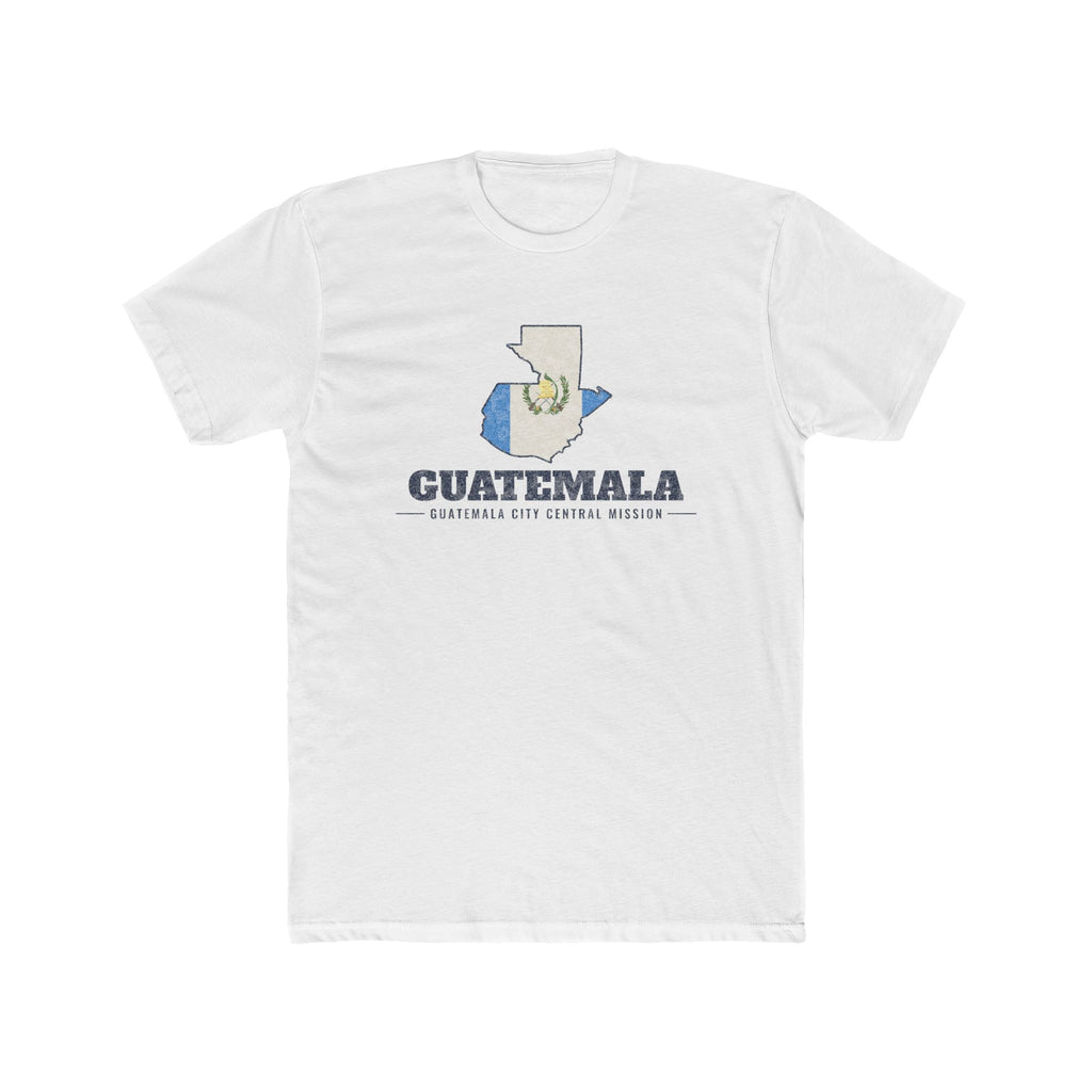 Guatemala Guatemala City Central Mission Flag Map shirt in White: flag of Guatemala in the outline of Guatemala with navy lettering, front view