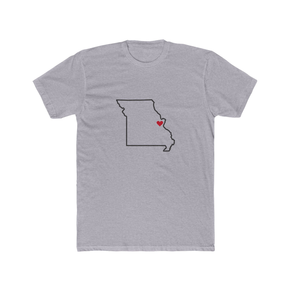 Missouri St. Louis Mission Heart Map shirt in Heather Grey: Missouri outline with a red heart, front view
