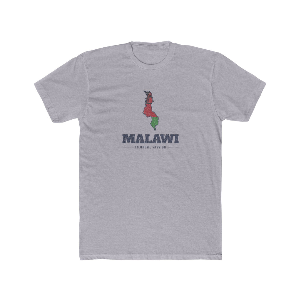Malawi Lilongwe Mission Flag Map shirt in Heather Grey: flag of Malawi in the outline of Malawi with navy lettering, front view