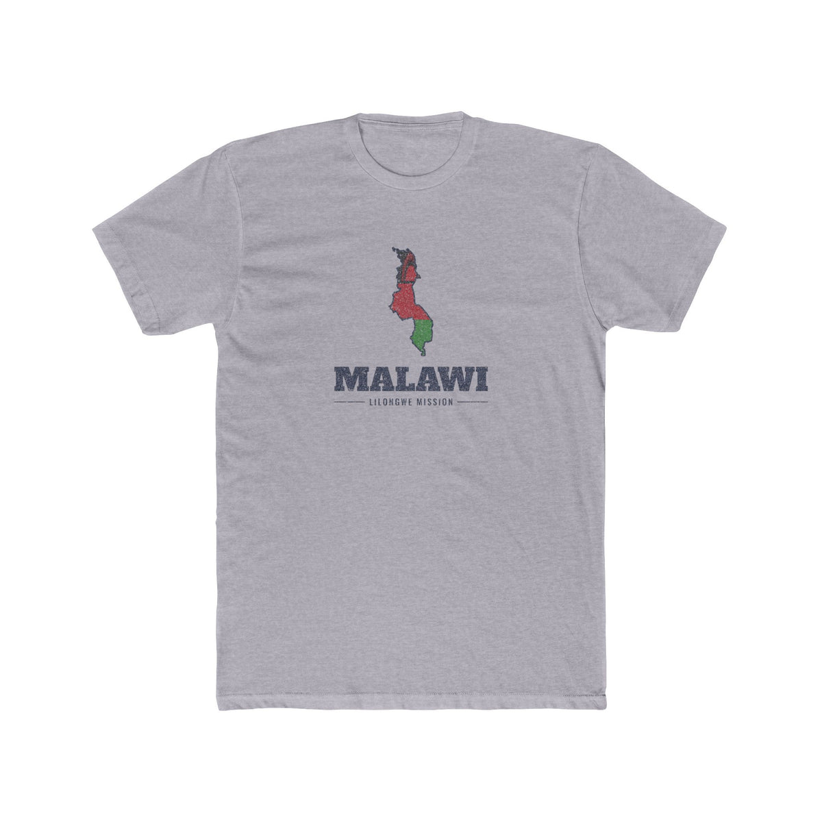 Malawi Lilongwe Mission Flag Map shirt in Heather Grey: flag of Malawi in the outline of Malawi with navy lettering, front view