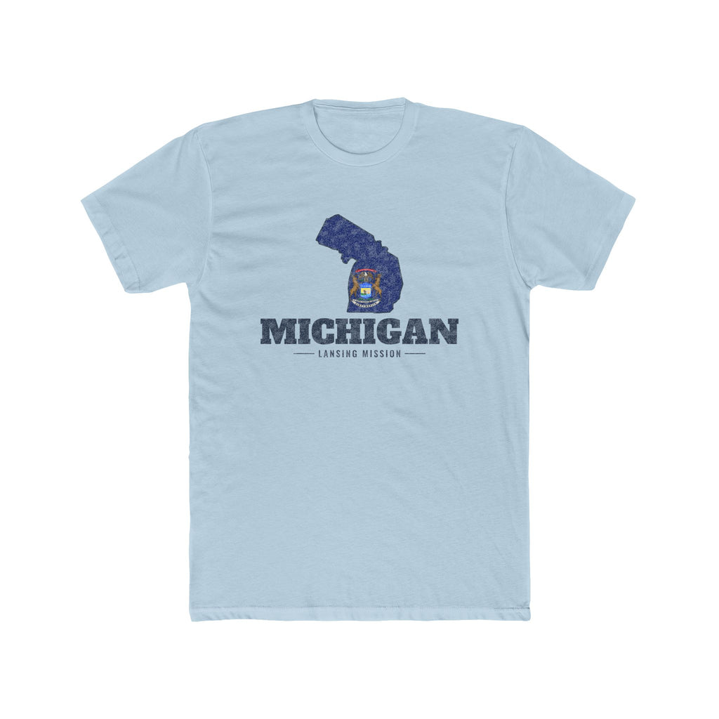 Michigan Lansing Mission Flag Map shirt in Desert Pink: Michigan state flag in the outline of Michigan with navy lettering, front view