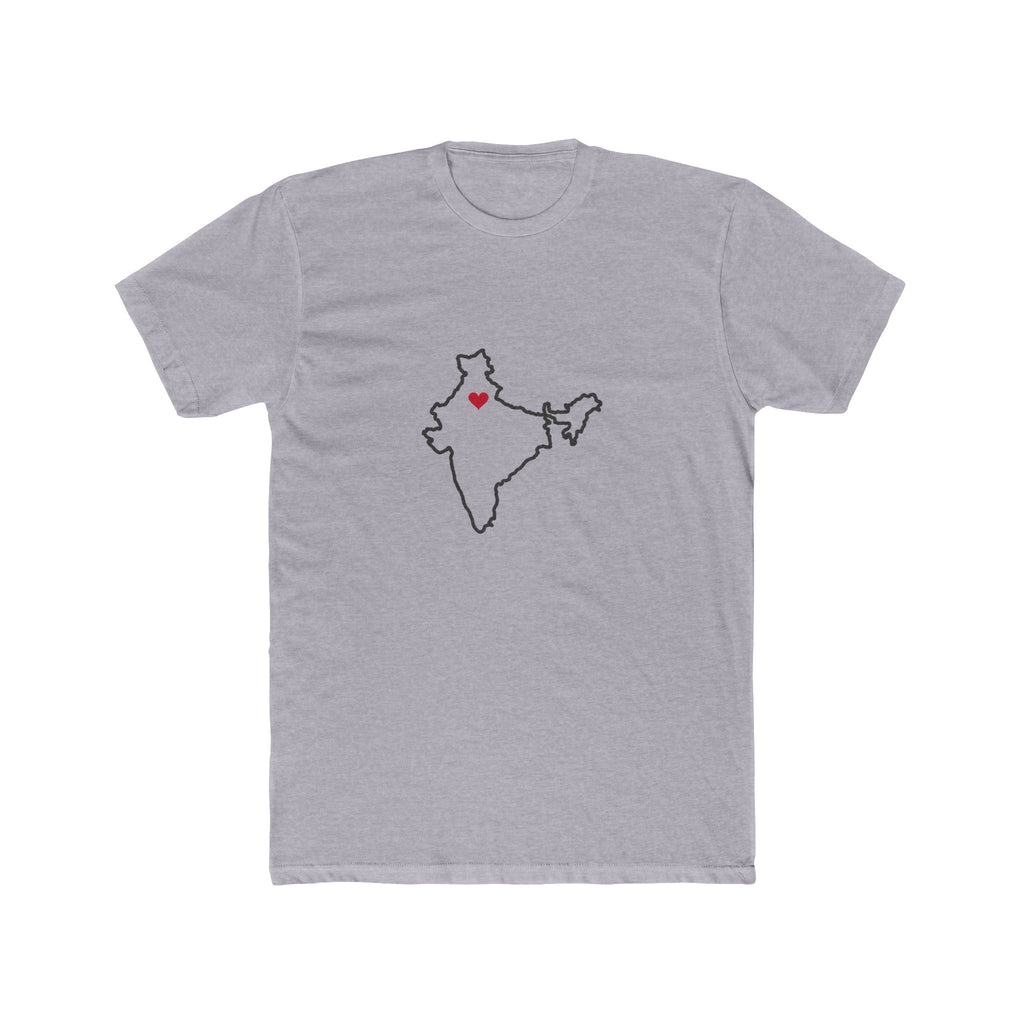 India New Delhi Mission Heart Map shirt in Heather Grey: India outline with a red heart, front view