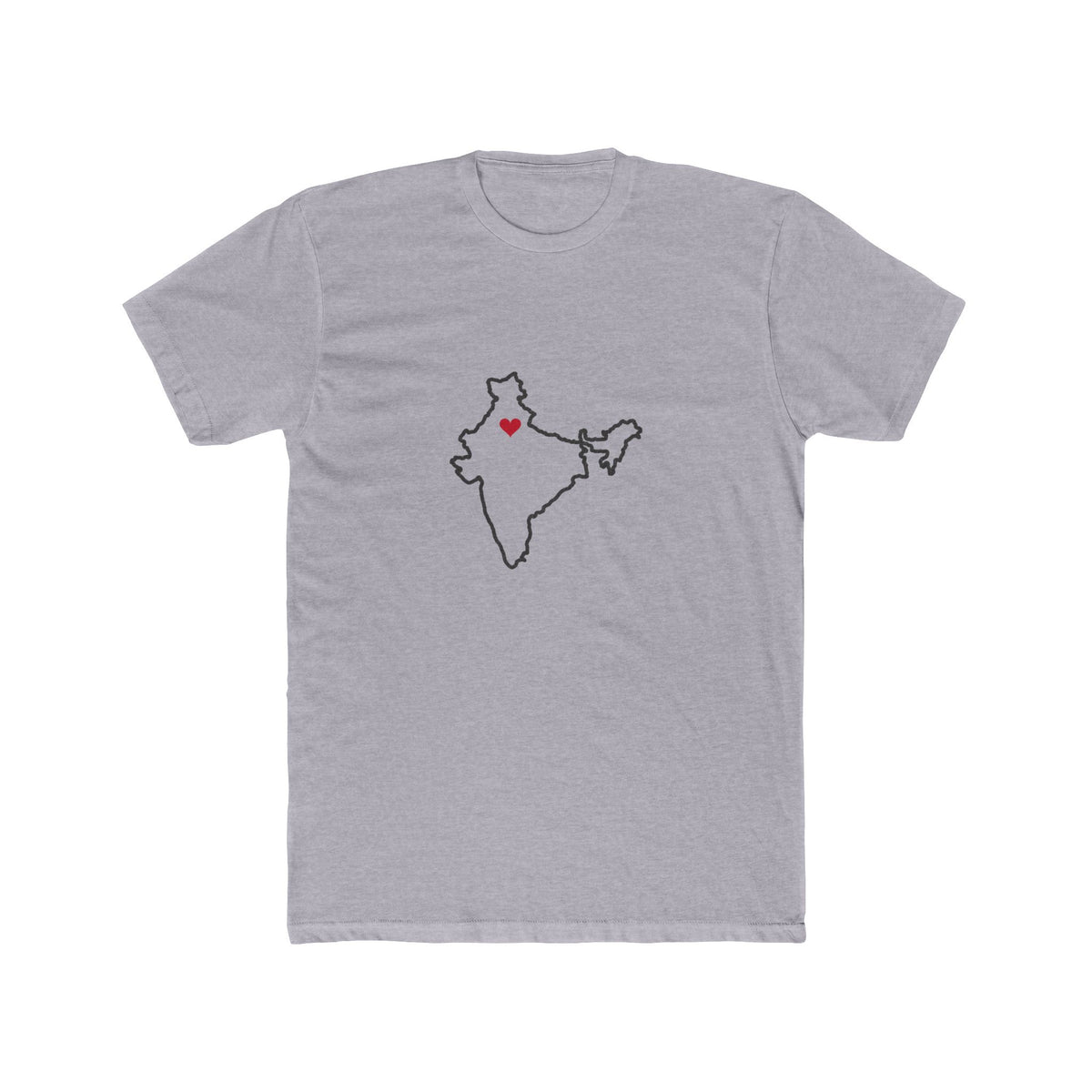 India New Delhi Mission Heart Map shirt in Heather Grey: India outline with a red heart, front view