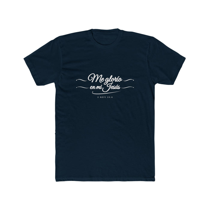 I Glory in My Jesus script shirt in Spanish, white ink on Midnight Navy: “Me glorío en mi Jesús”, 2 Nefi 33:6