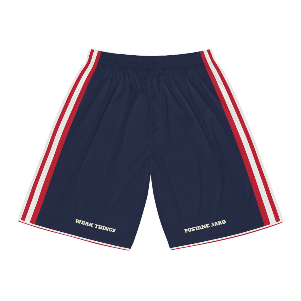 Adriatic North Mission Basketball Shorts, back view with WEAK THINGS and POSTANE JAKO on the legs