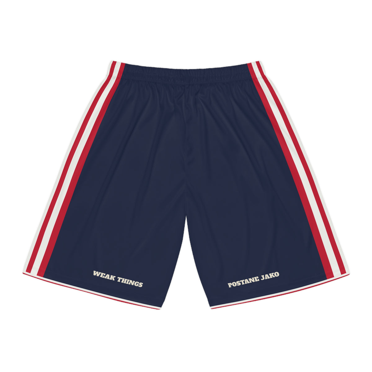 Adriatic North Mission Basketball Shorts, back view with WEAK THINGS and POSTANE JAKO on the legs