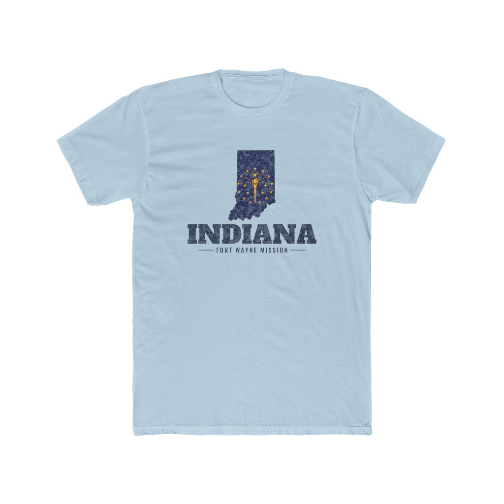 Indiana Fort Wayne Mission Flag Map shirt in Desert Pink: Indiana state flag in the outline of Indiana with navy lettering, front view