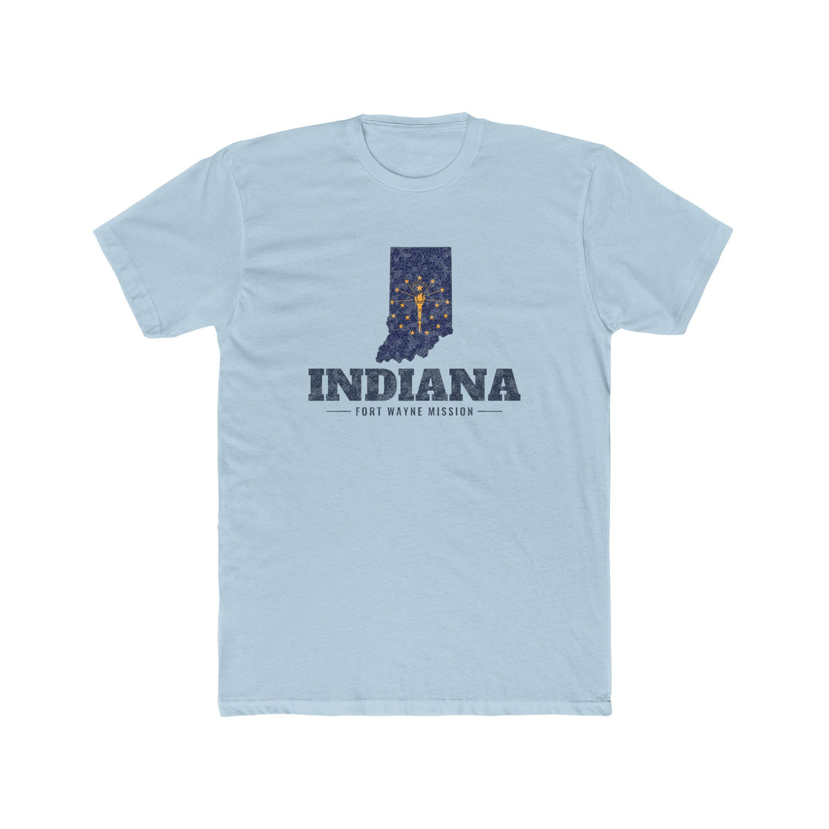 Indiana Fort Wayne Mission Flag Map shirt in Desert Pink: Indiana state flag in the outline of Indiana with navy lettering, front view