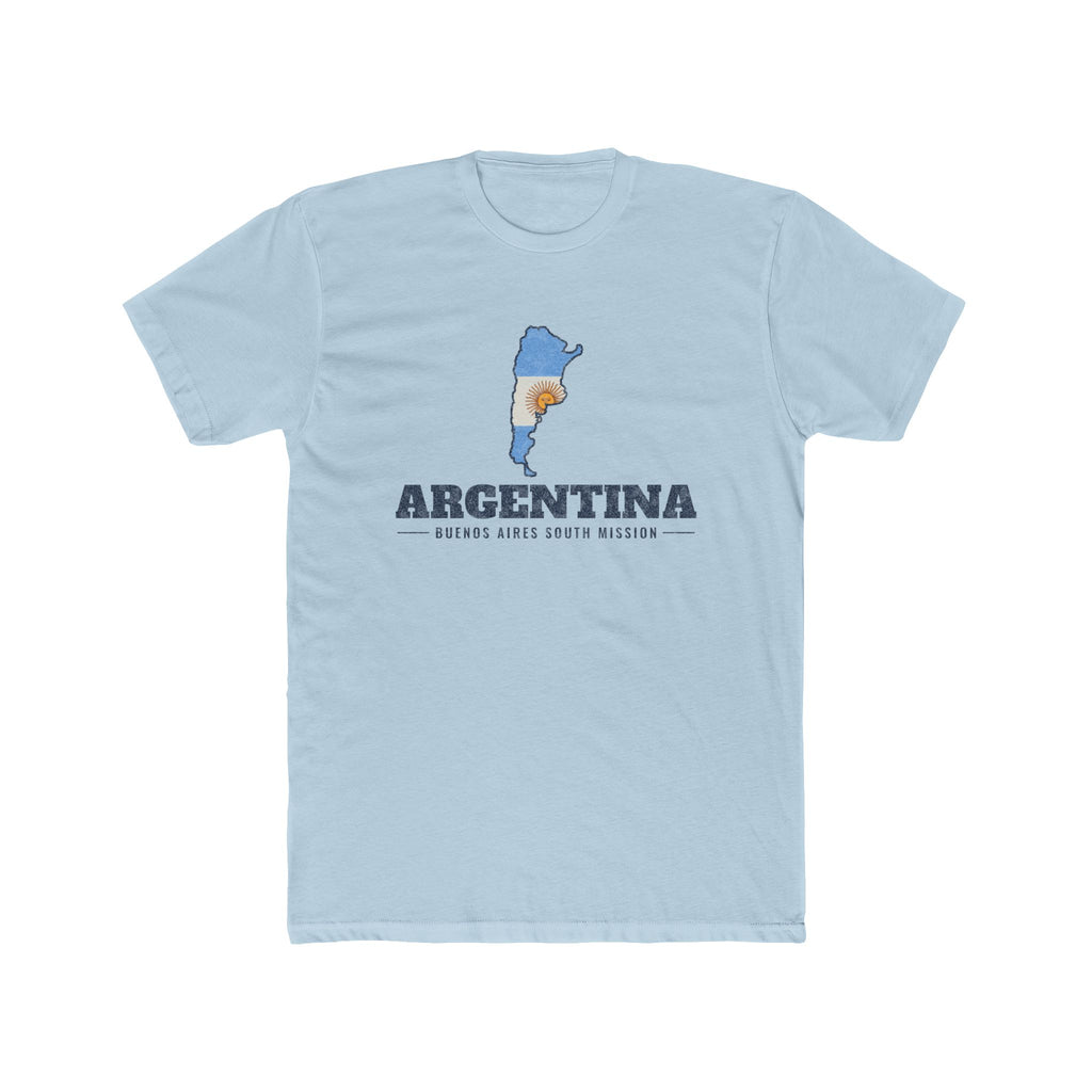 Argentina Buenos Aires South Mission Flag Map shirt in Desert Pink: flag of Argentina in the outline of Argentina with navy lettering, front view