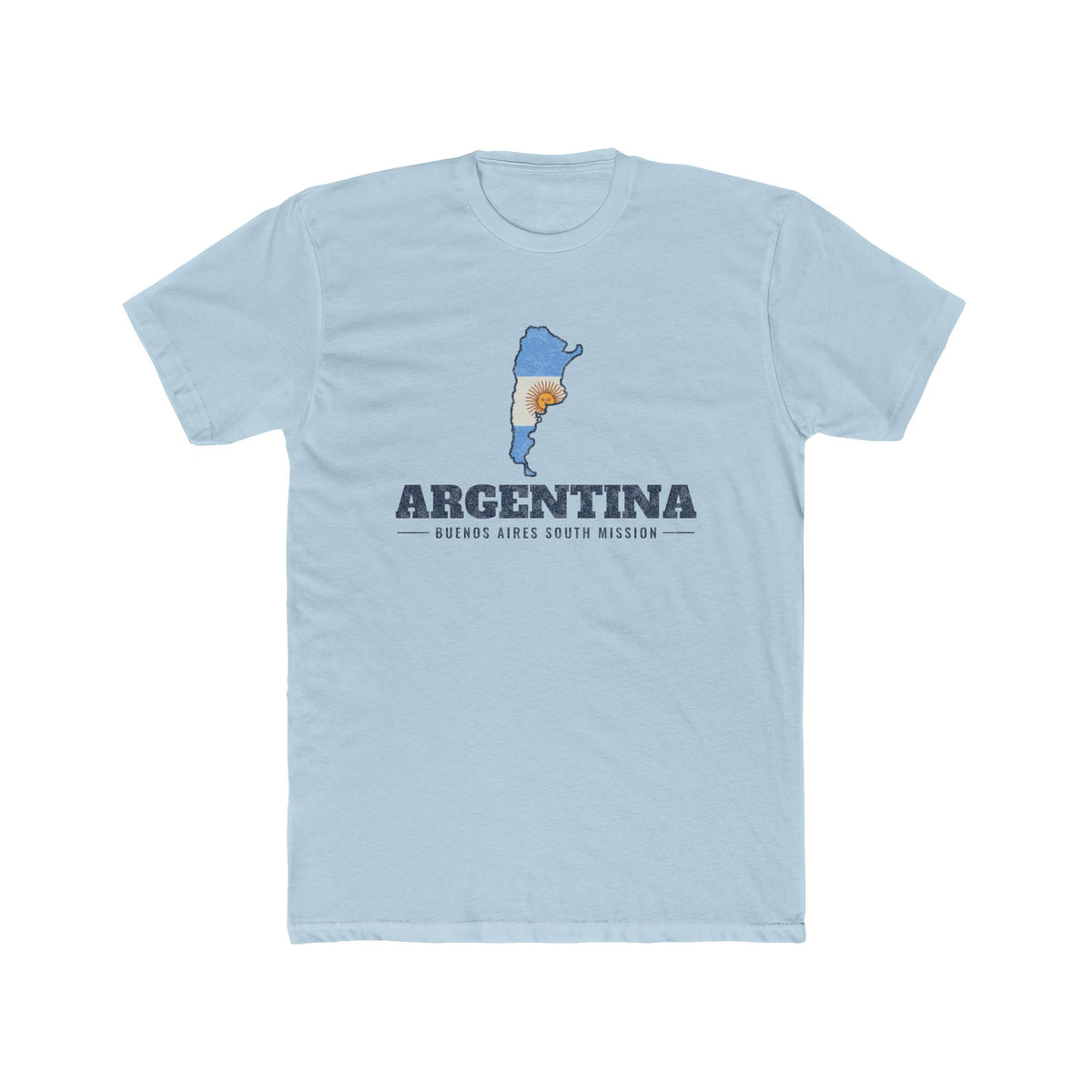 Argentina Buenos Aires South Mission Flag Map shirt in Desert Pink: flag of Argentina in the outline of Argentina with navy lettering, front view