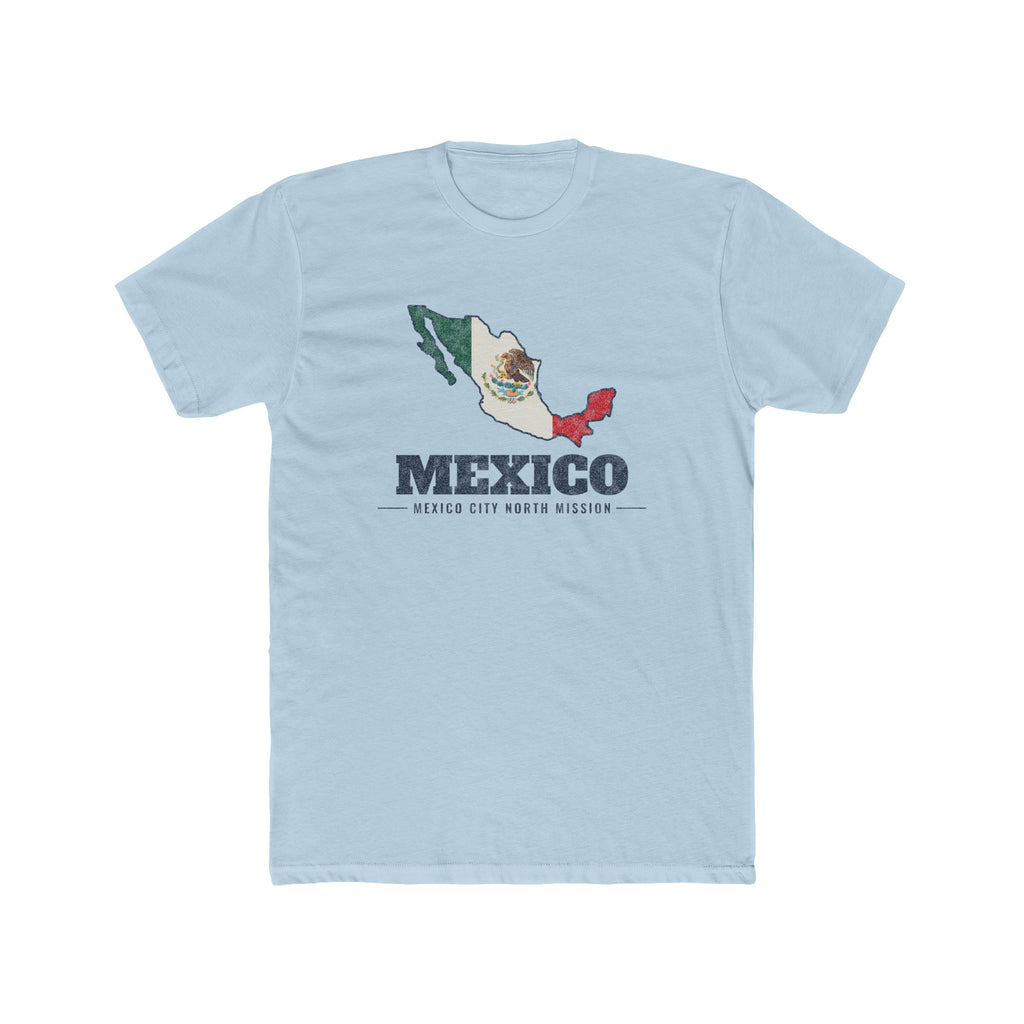 Mexico Mexico City North Mission Flag Map shirt in Desert Pink: flag of Mexico in the outline of Mexico with navy lettering, front view