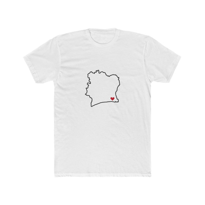 Cote d'Ivoire Abidjan East Mission Heart Map shirt in White: Cote d'Ivoire outline with a red heart, front view