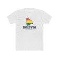 Bolivia La Paz Mission Flag Map shirt in White: flag of Bolivia in the outline of Bolivia with navy lettering, front view