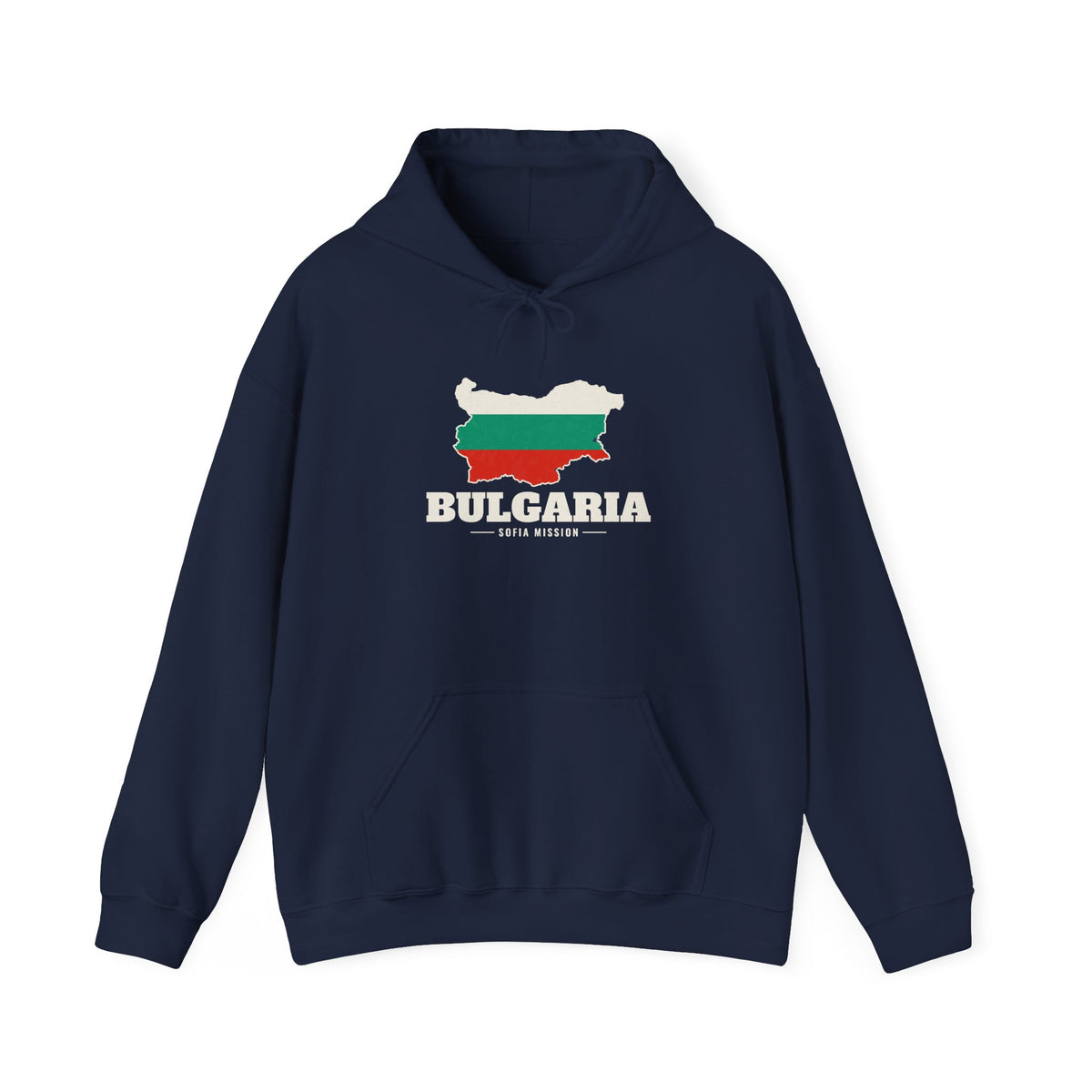 Bulgaria Sofia Mission Flag Map Hoodie in Navy, front view with the flag map and mission name