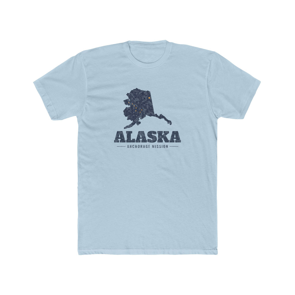 Alaska Anchorage Mission Flag Map shirt in Desert Pink: Alaska state flag in the outline of Alaska with navy lettering, front view