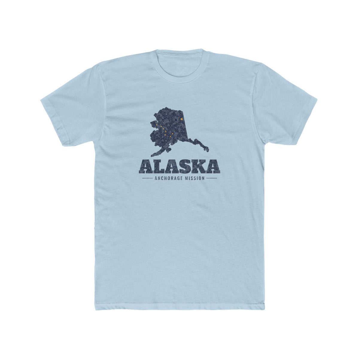 Alaska Anchorage Mission Flag Map shirt in Desert Pink: Alaska state flag in the outline of Alaska with navy lettering, front view