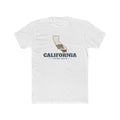 California Ventura Mission Flag Map shirt in White: California state flag in the outline of California with navy lettering, front view
