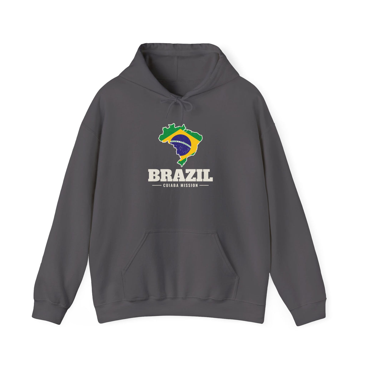 Brazil Cuiaba Mission Flag Map Hoodie in Charcoal, front view with the Brazil flag map and mission name
