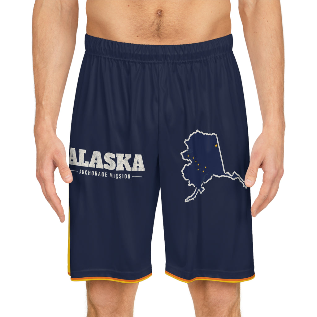 Alaska Anchorage Mission Basketball Shorts, worn, front view