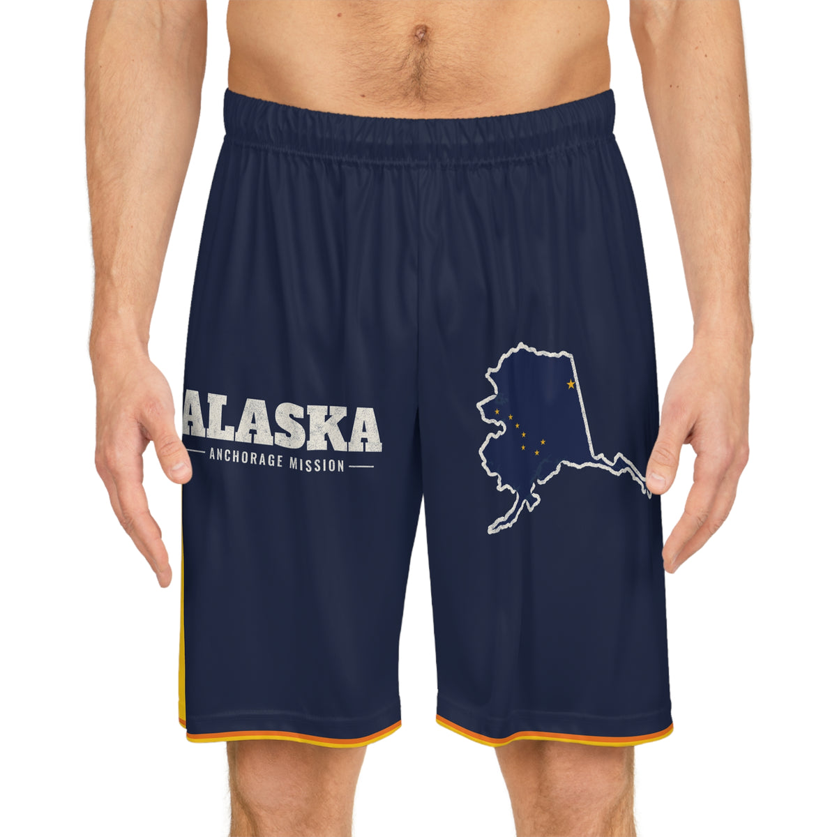 Alaska Anchorage Mission Basketball Shorts, worn, front view