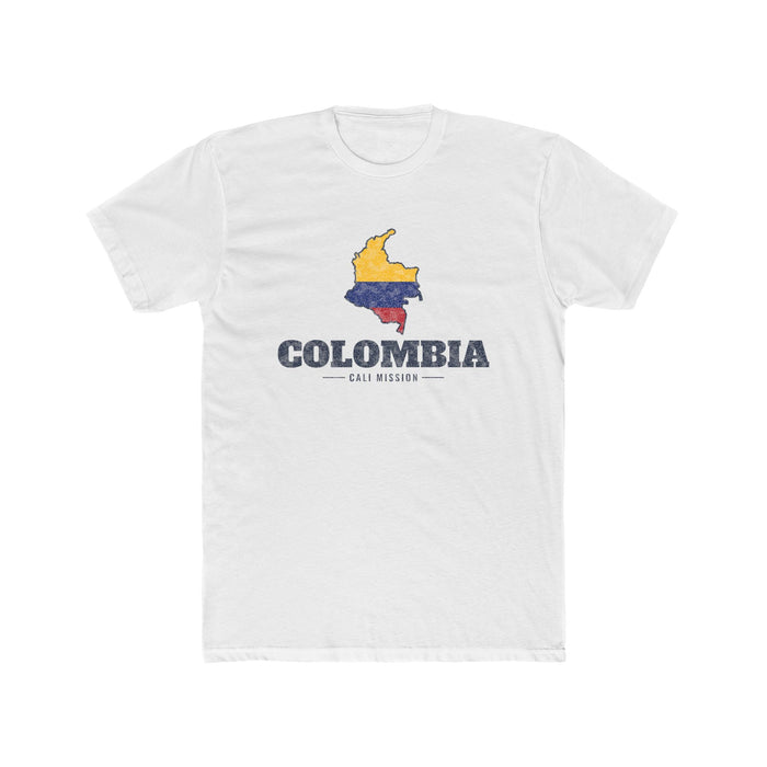Colombia Cali Mission Flag Map shirt in White: flag of Colombia in the outline of Colombia with navy lettering, front view