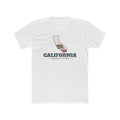 California Victorville Mission Flag Map shirt in White: California state flag in the outline of California with navy lettering, front view