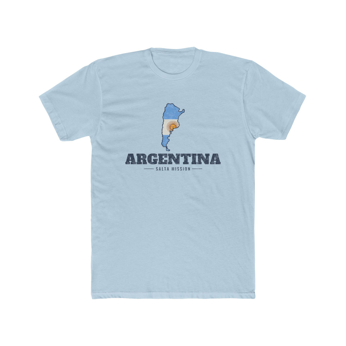 Argentina Salta Mission Flag Map shirt in Desert Pink: flag of Argentina in the outline of Argentina with navy lettering, front view