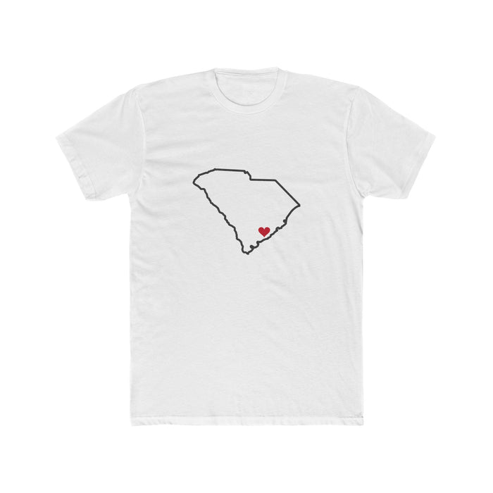 South Carolina Charleston Mission Heart Map shirt in White: South Carolina outline with a red heart, front view