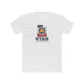 Utah Layton Mission Flag Map shirt in White: Utah state flag in the outline of Utah with navy lettering, front view