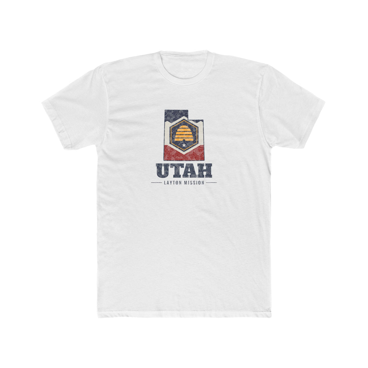 Utah Layton Mission Flag Map shirt in White: Utah state flag in the outline of Utah with navy lettering, front view