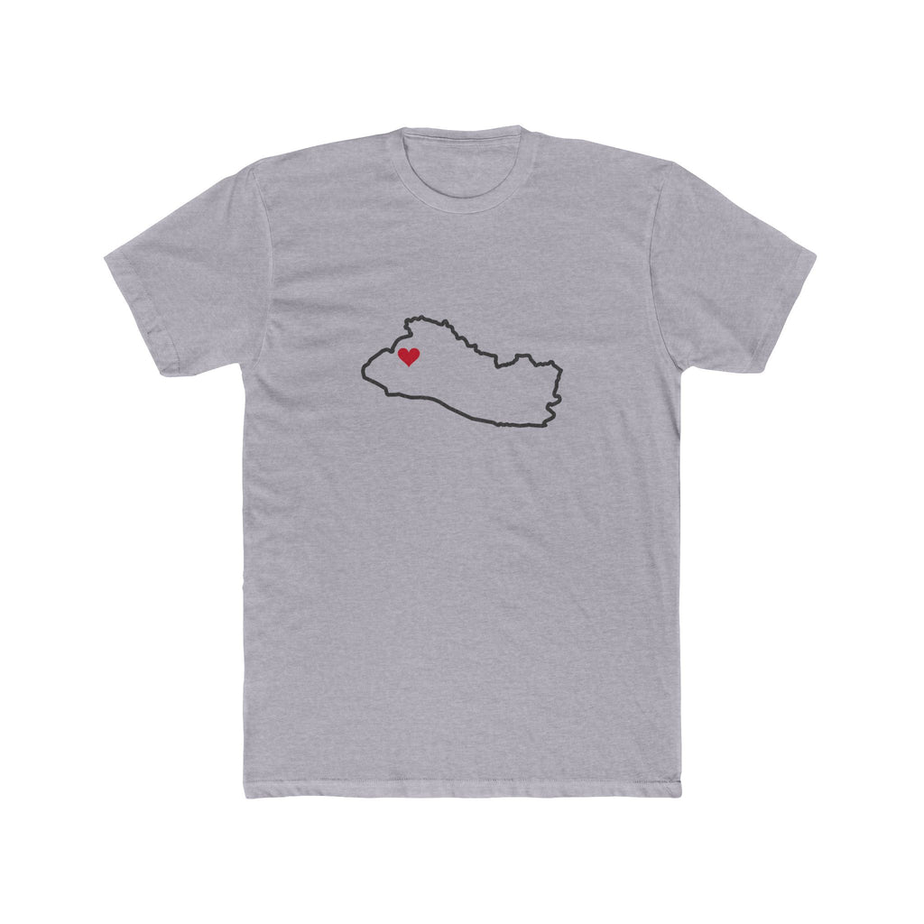 El Salvador Santa Ana Mission Heart Map shirt in Heather Grey: El Salvador outline with a red heart, front view
