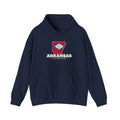 Arkansas Little Rock Mission Flag Map Hoodie in Navy, front view with the flag map and mission name