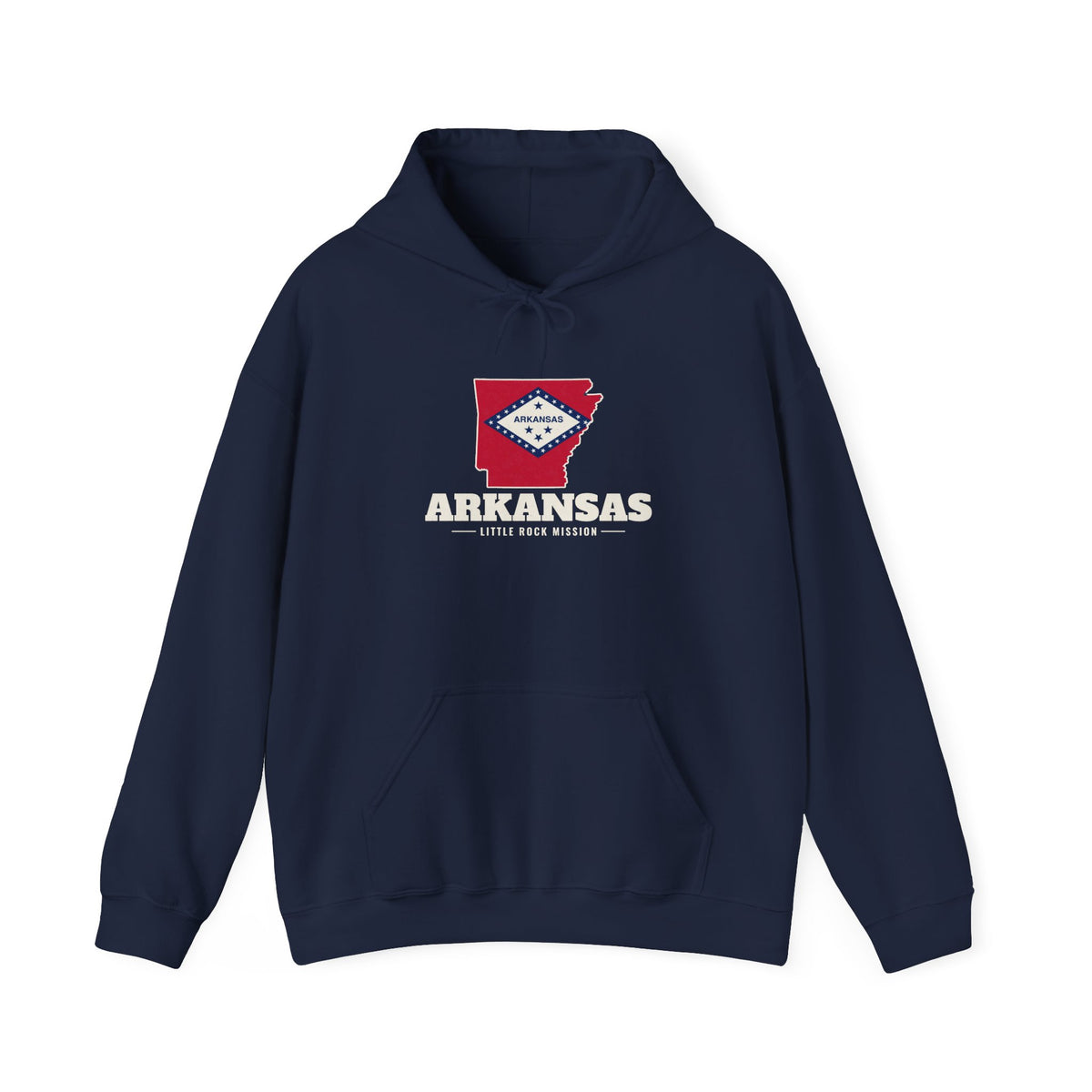 Arkansas Little Rock Mission Flag Map Hoodie in Navy, front view with the flag map and mission name
