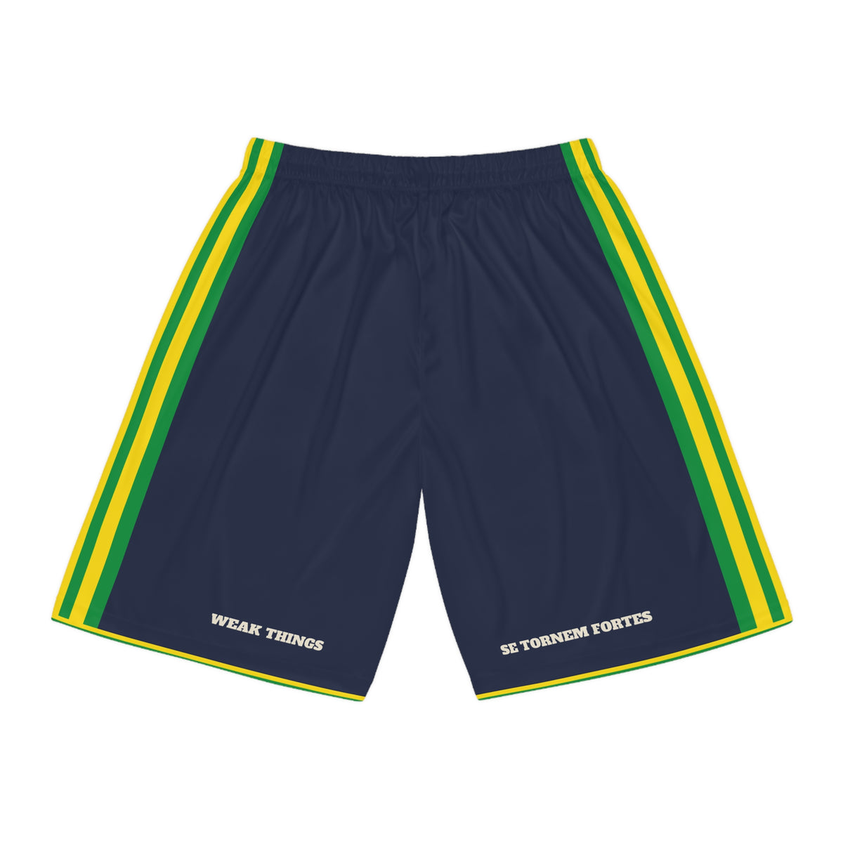 Brazil Recife North Mission Basketball Shorts, back view with WEAK THINGS and SE TORNEM FORTES on the legs