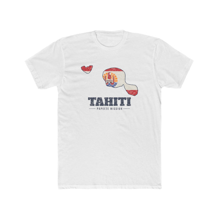 Tahiti Papeete Mission Flag Map shirt in White: flag of Tahiti in the outline of Tahiti with navy lettering, front view