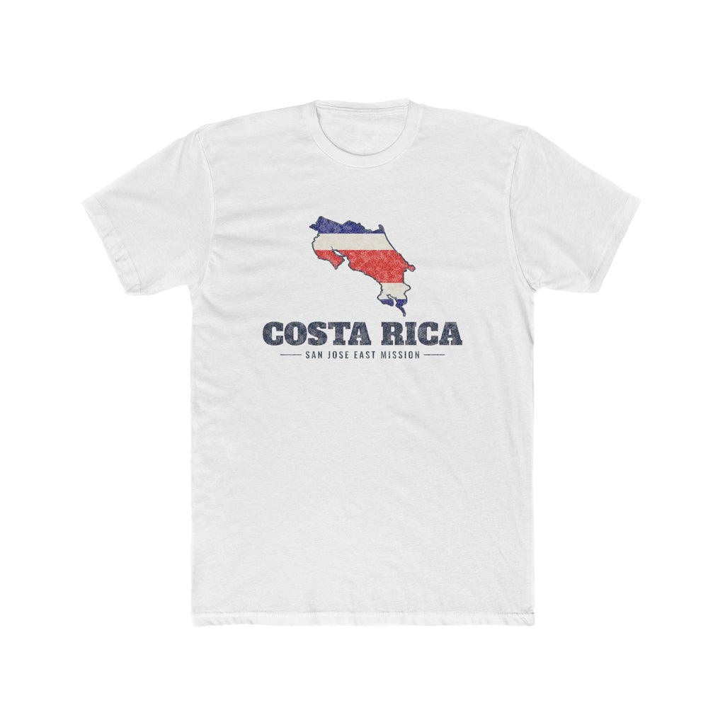 Costa Rica San Jose East Mission Flag Map shirt in White: flag of Costa Rica in the outline of Costa Rica with navy lettering, front view