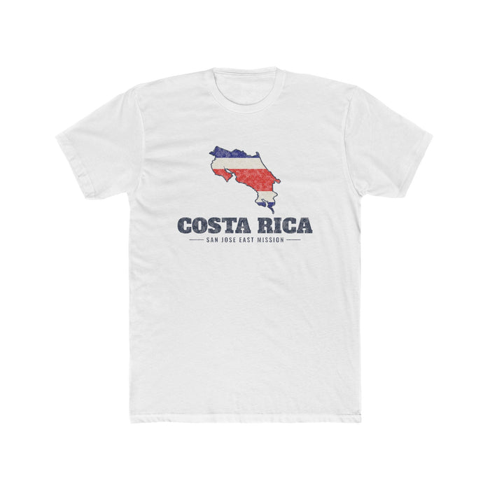 Costa Rica San Jose East Mission Flag Map shirt in White: flag of Costa Rica in the outline of Costa Rica with navy lettering, front view