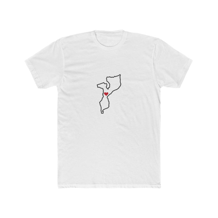 Mozambique Beira Mission Heart Map shirt in White: Mozambique outline with a red heart, front view