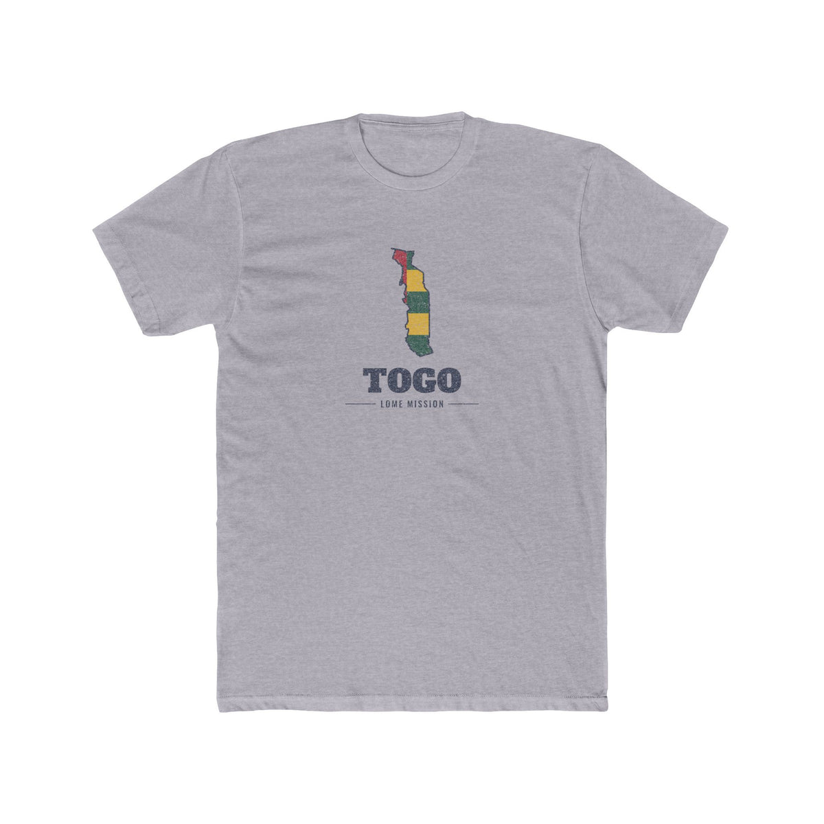 Togo Lome Mission Flag Map shirt in Heather Grey: flag of Togo in the outline of Togo with navy lettering, front view