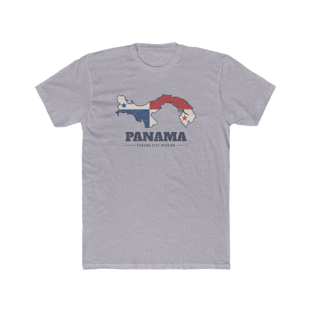 Panama Panama City Mission Flag Map shirt in Heather Grey: flag of Panama in the outline of Panama with navy lettering, front view