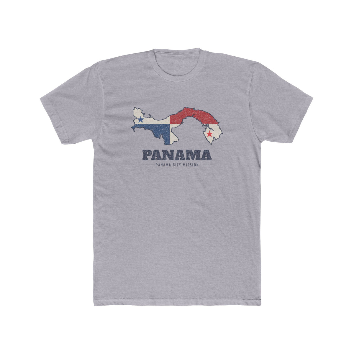 Panama Panama City Mission Flag Map shirt in Heather Grey: flag of Panama in the outline of Panama with navy lettering, front view