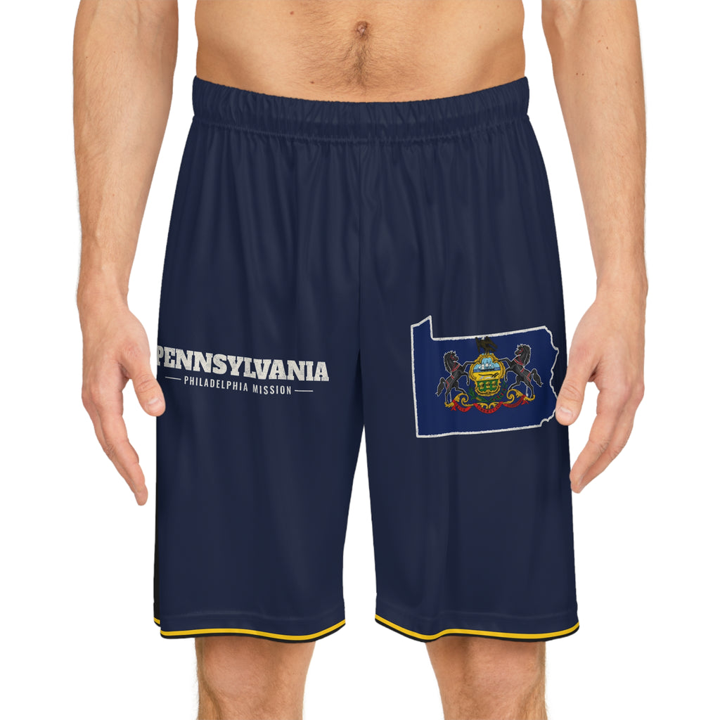 Pennsylvania Philadelphia Mission Basketball Shorts, worn, front view